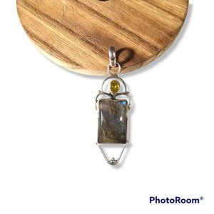 Labradorite Natural Stone & Citrine Quartz Pendant Sterling Silver